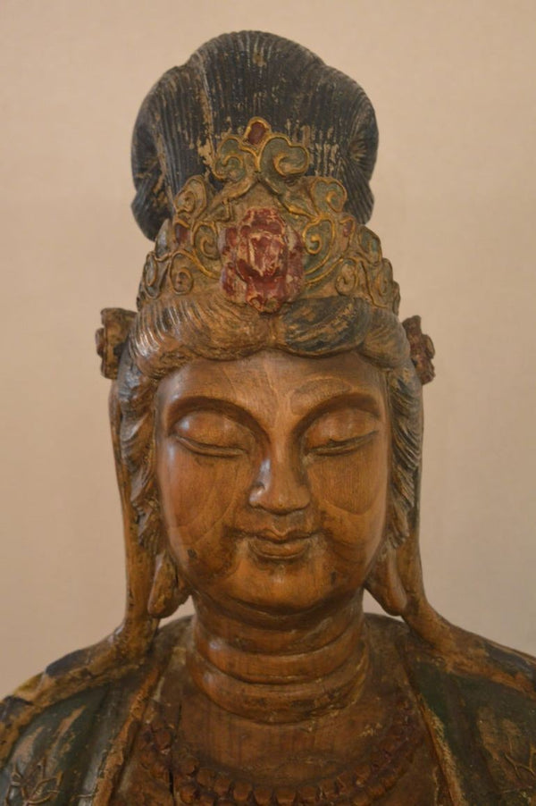 Large Chinese Hand-Carved Polychrome Wood Figure of Guanyin, Late 19th Century.