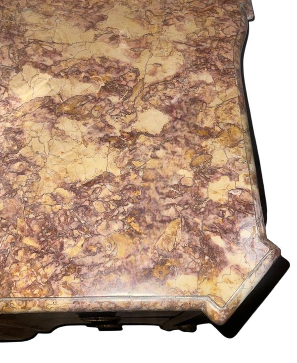 19th Century French Louis XV Style Inlaid Commode with Bronze & Marble Top.