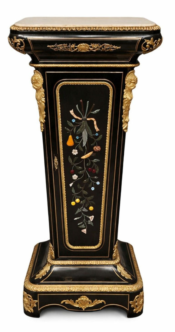 Similar Pair 19th C. Napoleon III Ebonized Pedestals with Hardstone & Bronze.