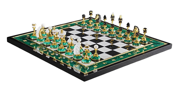 20th Century Russian Dolerite, Malachite & Kascholong Opal Chess Set.