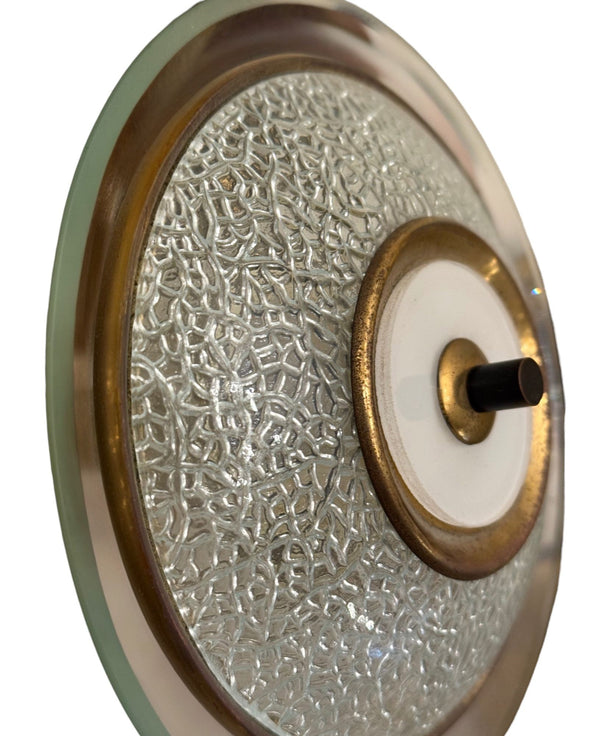 Pair of French Art Deco Brass and Textured Glass Wall Sconces, France, 1940’s.