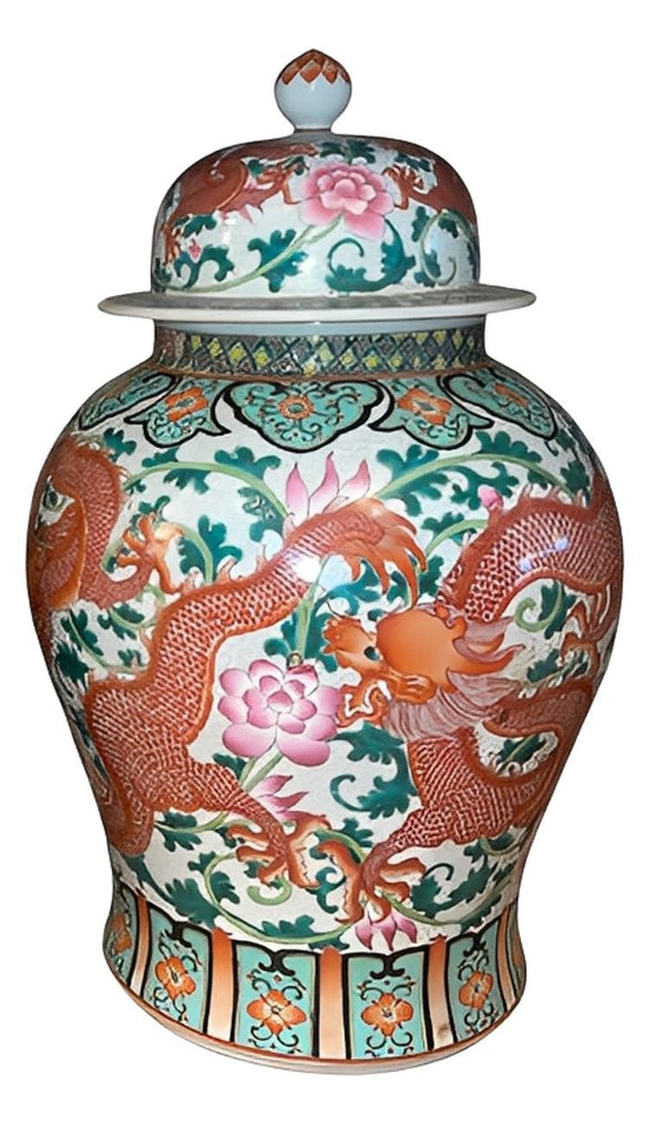 Early 20th C. Pair of Chinese Qianlong Style Porcelain Jars w/ Dragon Motifs