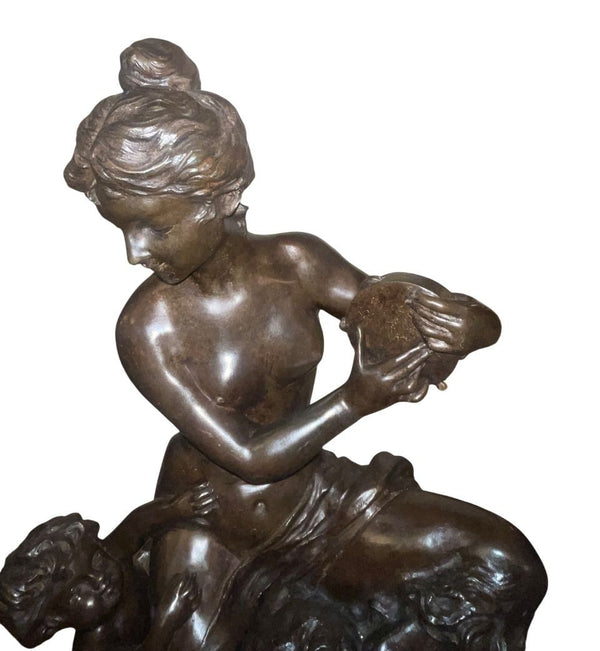 Large 18th Century French Clodion Bronze Bacchic Group w/ Satyr & Putti.