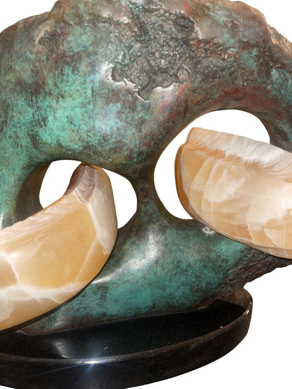 Late 20th Century Campbell Calcite Fish Sculpture Bronze Reef Marble Base U.S.A.