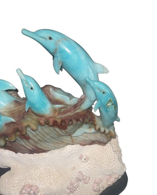 Blue Quartzite Dolphin Sculpture on Onyx Base, Brazil, Late 20th Century.