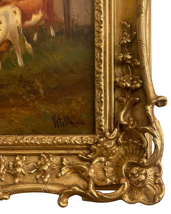 19th Century Italian Pastoral Cow Painting Signed by Vitolla
