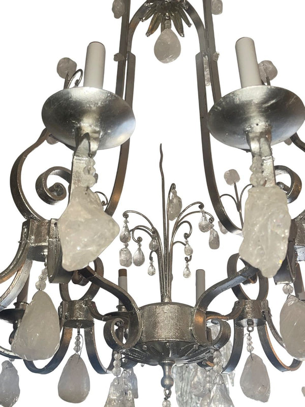 French 1950's Rock Crystal Chandelier with Silver Leaf Finish