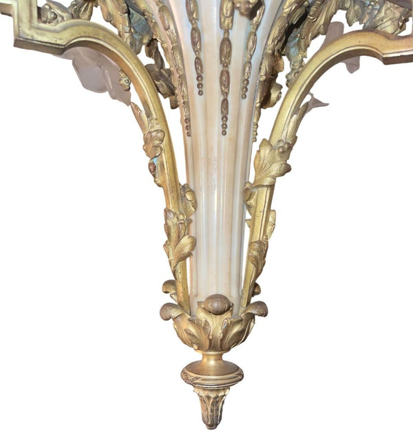 French 19th-C Bronze Chandelier with Marble Body, Wedgwood Plaque & Glass Shades