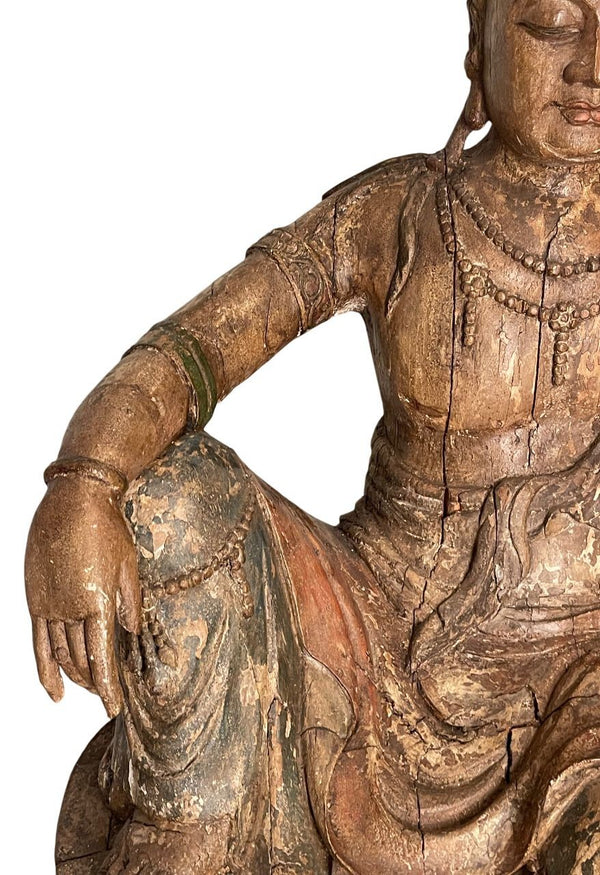 Monumental Chinese Song Dynasty Style Carved Wood & Polychrome Guanyin. 19th C.