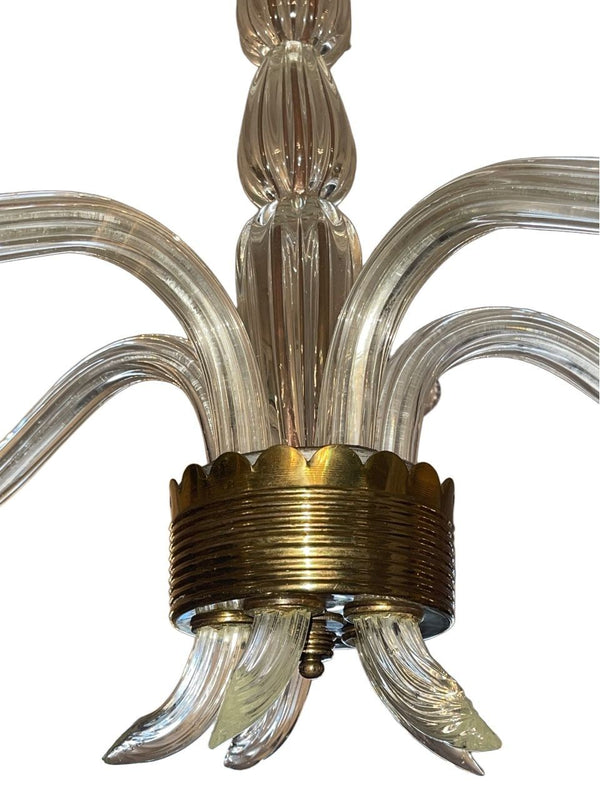 Ercole Barovier Murano Glass Five-Arm Chandelier w Frosted Shades. Italy, 1940's