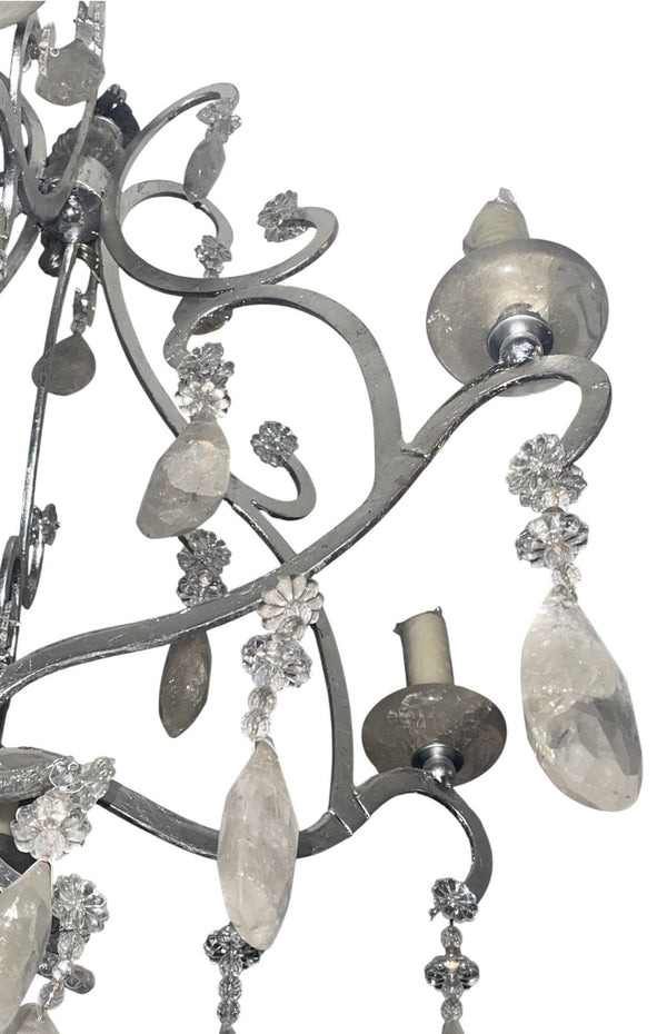 Italian Silvered Wrought Iron and Rock Crystal Chandelier. 1950's.