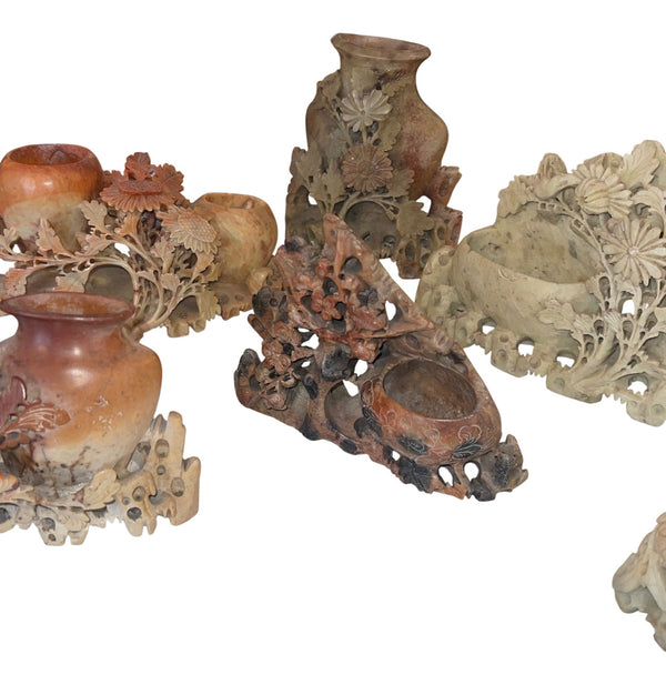 Eight Vintage Chinese Soapstone Carved Brush Pots & Vessels. Early 20th Century.