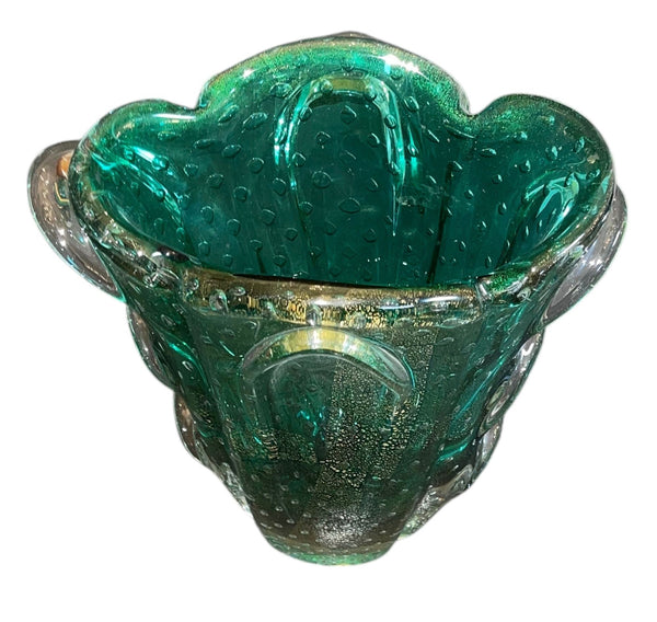 Seguso Murano Green & Gold Aventurine Art Glass Vase. Mid-20th Century.