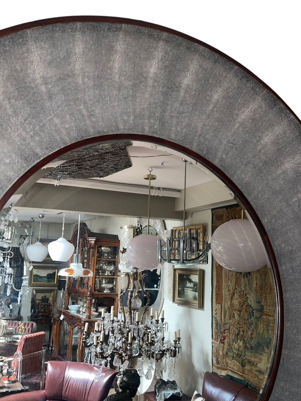 Italian Faux Shagreen & Walnut Concave Round Mirror, Late 20th Century.