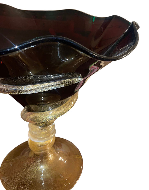Dark Amethyst Murano Glass & Gold Fleck Glass Compote. Signed by Camozzo.