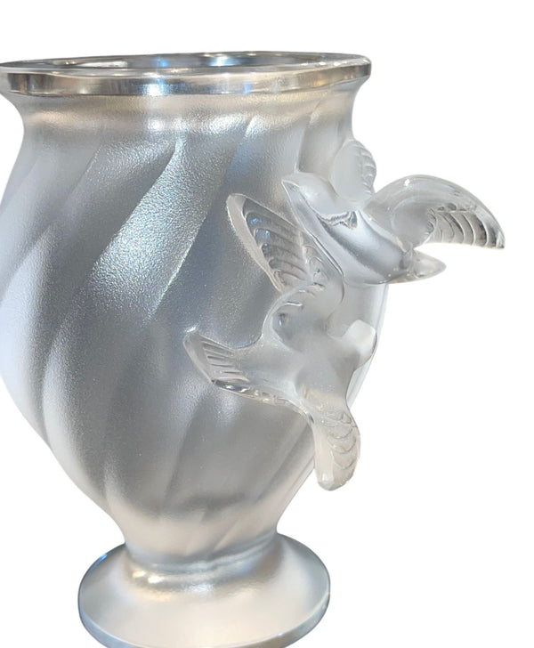 Set of Four Lalique Frosted Crystal Pieces Rosine Vase & Sparrows. Late 20th C.