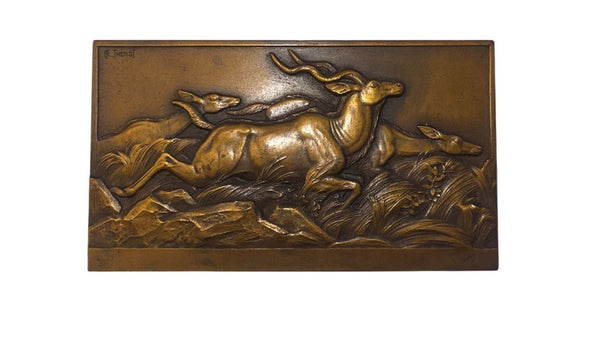 Pair of French Art Deco Bronze Antelope Plaques on Stands by Thenot, c.1930's.