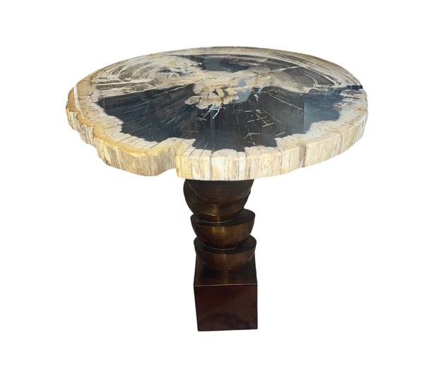 Pair Modern Petrified Wood Side Tables w/ Sculptural Metal Bases. Late 20th C.