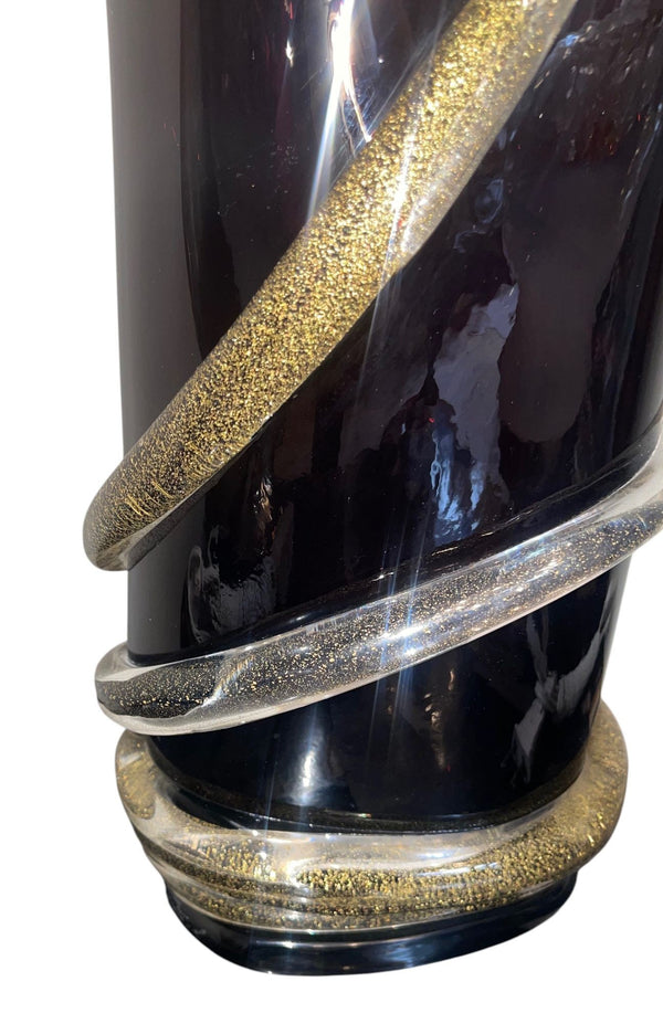 Signed Camozzo Dark Amethyst & Gold Fleck Murano Glass Vase. Italy, Late 20th C.