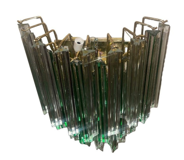 Pair Italian Venini Murano Crystal Tri Glass Prism Wall Sconces w/ Green Detail