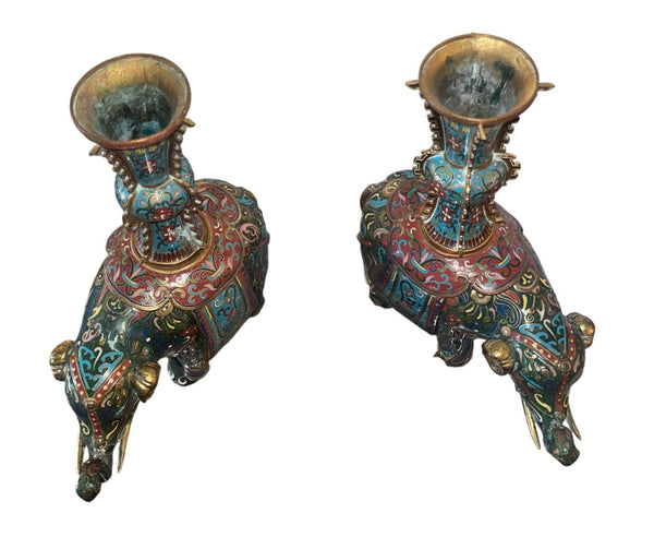 Pair of 19th Century Chinese Cloisonné Elephant Gu Vases