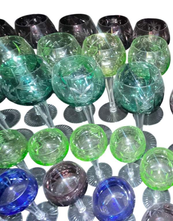 Set of Sixty Cut Crystal Colored Wine & Cordial Glasses. Czech Republic Mid-20th