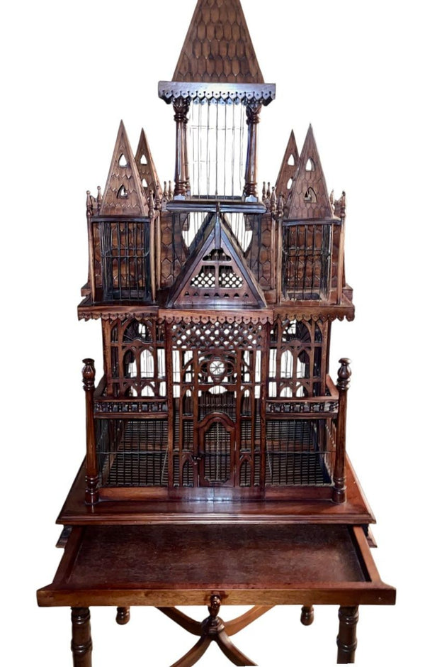 Monumental Victorian Gothic Revival Mahogany Bird Cage on Stand. England 19th C.