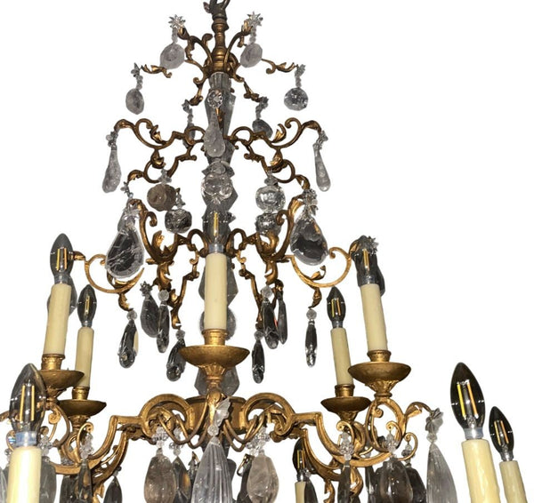 Late 20th Century Hand-Carved Rock Crystal and Wrought Iron Chandelier. U.S.A.