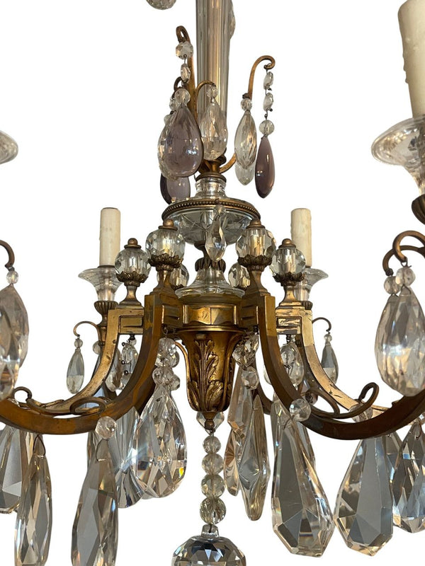Bronze Chandelier with Clear & Amethyst Cut Crystal. France, 1920's.