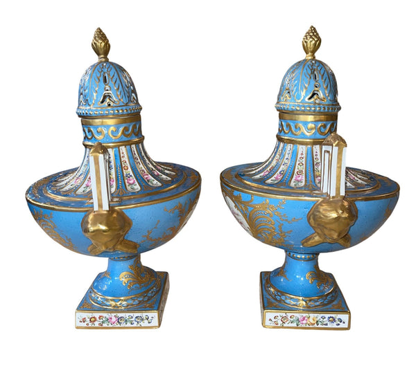Pair of Sèvres Style Celestial Blue Porcelain Urns. Early 20th Century, France.