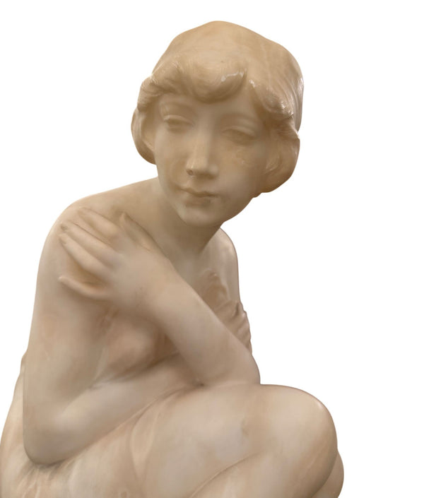 Italian Alabaster Female Bather Lamp with Pedestal. Early 20th Century.
