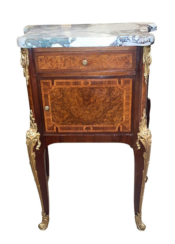 Pair French Bronze-Mounted Marble-Top Nightstands Louis XV Style, Late 19th C.