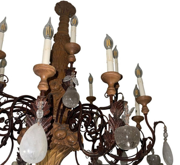 French Provincial Rock Crystal, Wrought Iron & Wood Chandelier. 1940's.