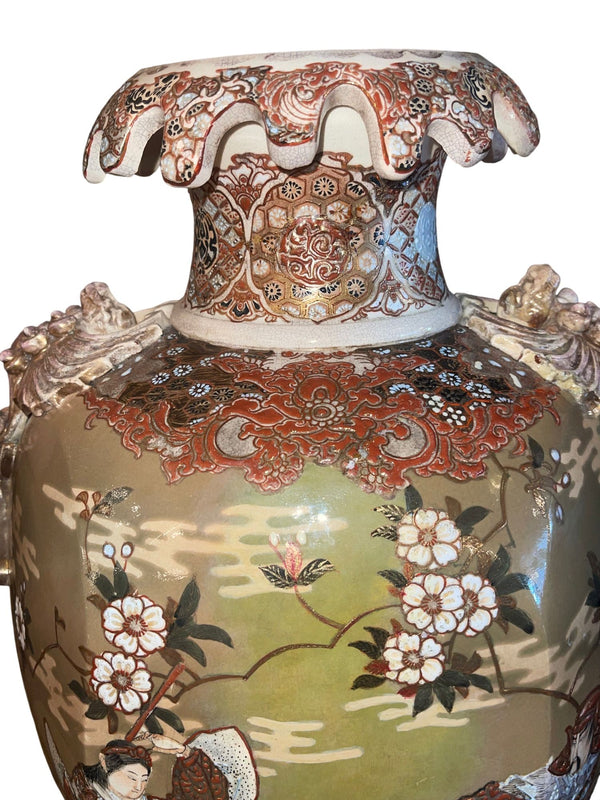 Large Antique Japanese Satsuma Earthenware Floor Vase Meiji Style, Early 20th C.