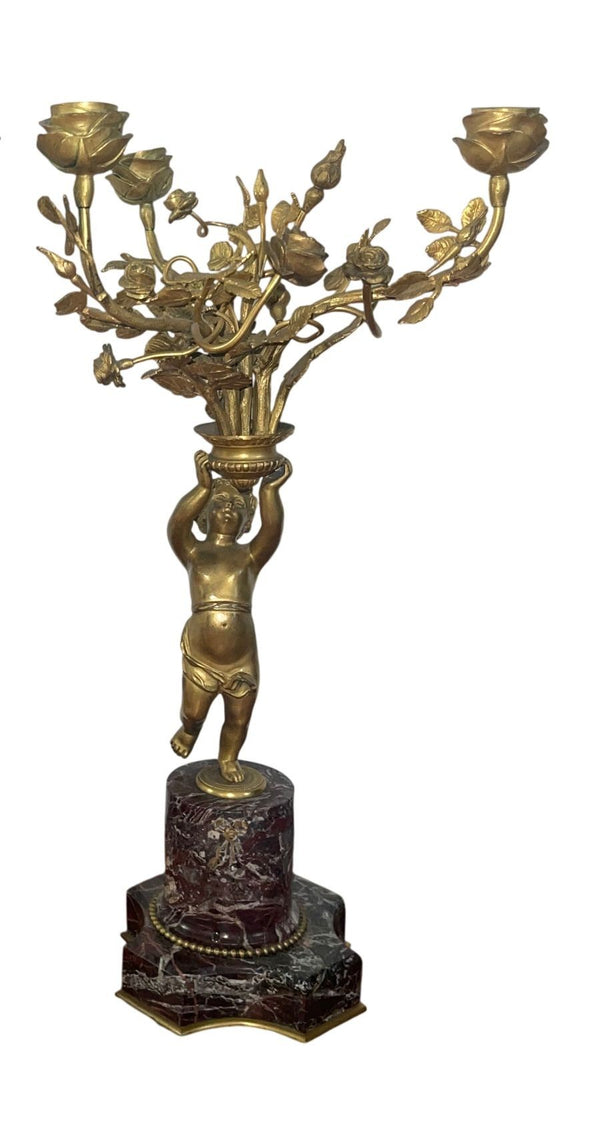 Pair of 19th Century Gilt Bronze Figural Putti Candelabras on Marble Base