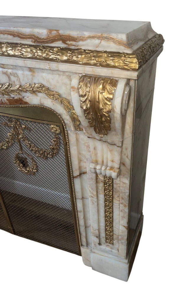 19th Century French Louis XV–Style Onyx & Dore Bronze Fireplace Mantle