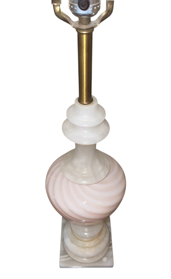 Pair of Italian Pink Murano Glass & Alabaster Lamps. Mid-20th Century.