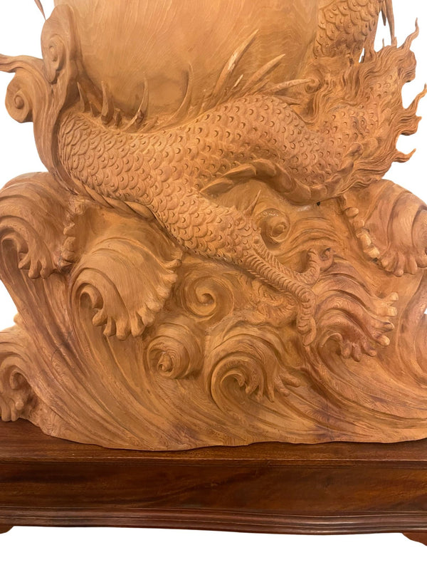Large 20th Century Vietnamese Nhất Long Vờn Ngọc Dragon Pearl Wood Sculpture