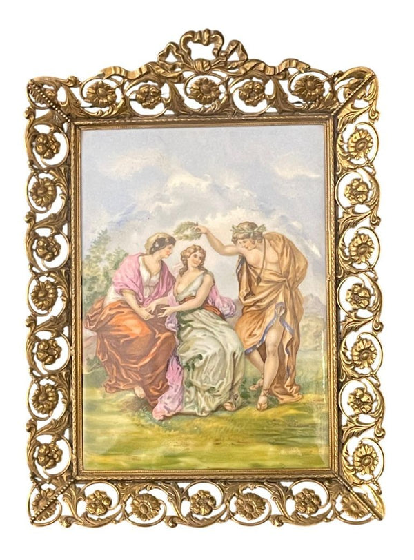 Pair French Limoges Porcelain Plaques in Ornate Gilt Metal Frames. Early 20th C.