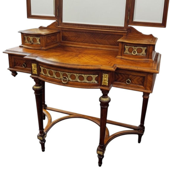 Early 20th Century French Louis XVI Style Triple Mirror Vanity w/ Bronze Mounts.