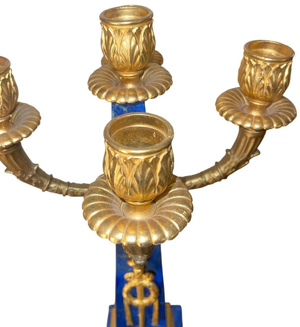 Pair of Early 20th-Century French Lapis Lazuli & Gilt Bronze Obelisk Candelabras