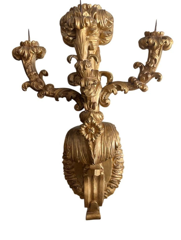 Rare Pair of Early 19th Century Italian Baroque Style Giltwood Wall Candelabras