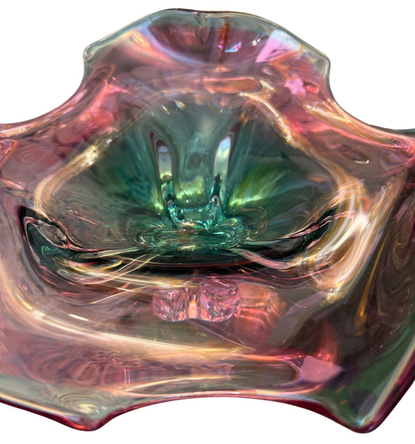 Murano Glass Footed Bowl Emerald Green, Pink & Clear, Italy, Late 20th Century