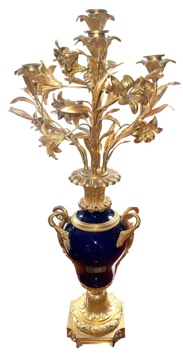 Pair of French Bronze & Deep Cobalt Porcelain Candelabras. 19th Century.