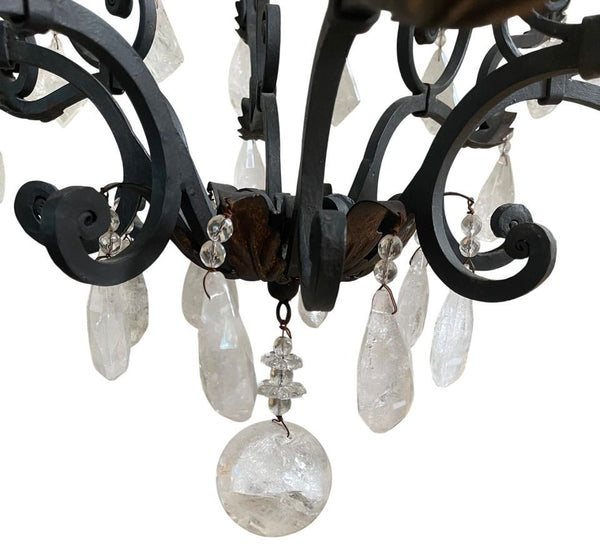Large Wrought Iron Chandelier with Rock Crystal Drops & Prisms, Italy, 20th C.