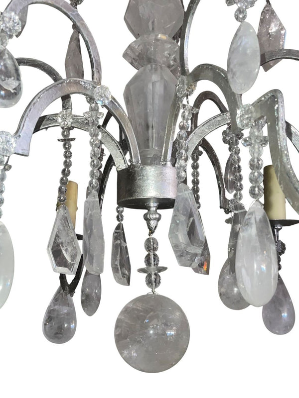 Italian 20th Century Silver Leaf Wrought Iron Chandelier with Rock Crystal