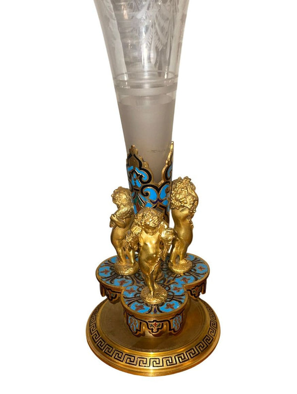 Late 19th Century French Champlevé Enamel and Gilt Bronze Mounted Glass Vase