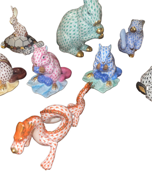 Set of Ten Herend Fishnet Porcelain Animal Figurines. Hungary, 20th Century.