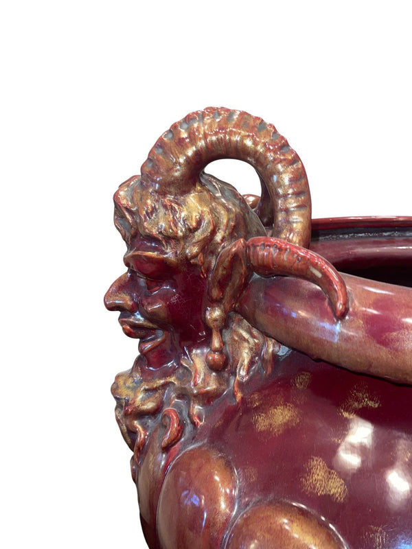 Large Continental Glazed Earthenware Faun Mask Jardinière. Early 20th Century.