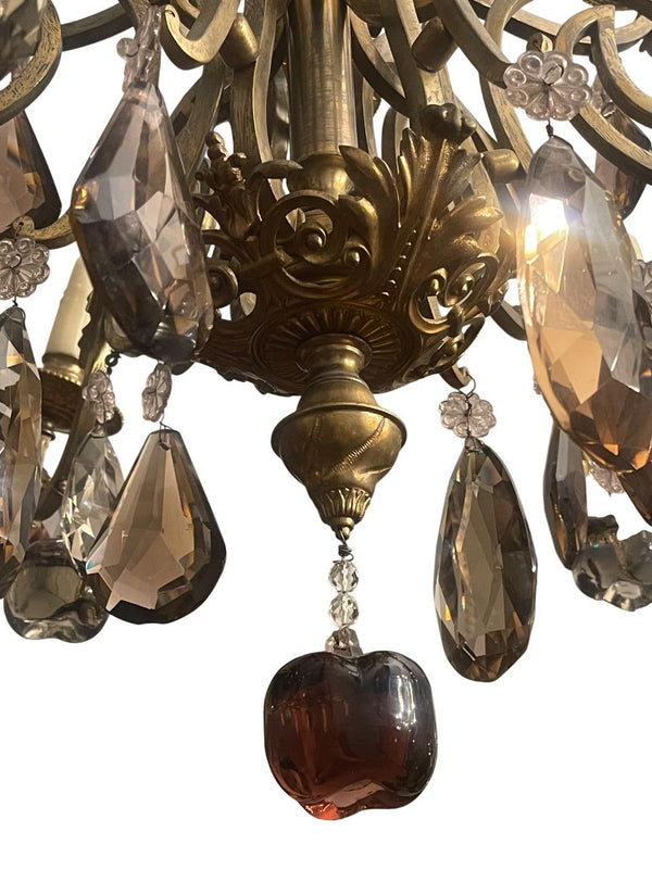 French Early 20th Century Brass and Bronze Chandelier w Mixed Cut Crystal Colors